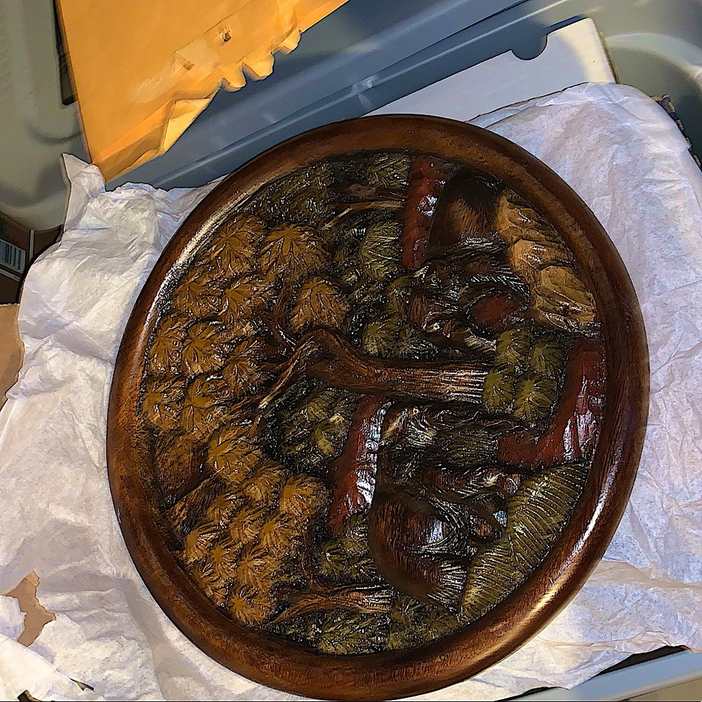 Vintage 3D Teak Wood Elephant Jungle Scene